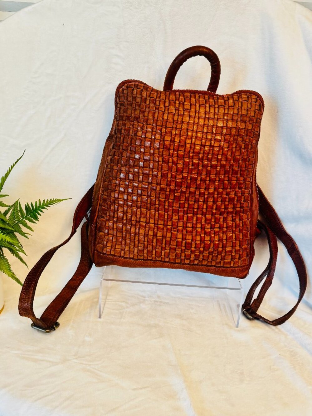Anthropologie Vilenca Holland Backpack Emilia Woven Genuine Leather Cognac